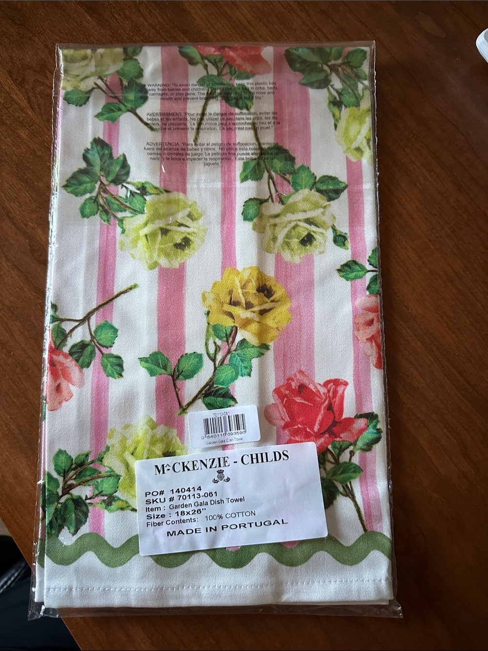 McKenzie-Childs Floral Stripe Dish Towel - Pink & Yellow Roses NWT